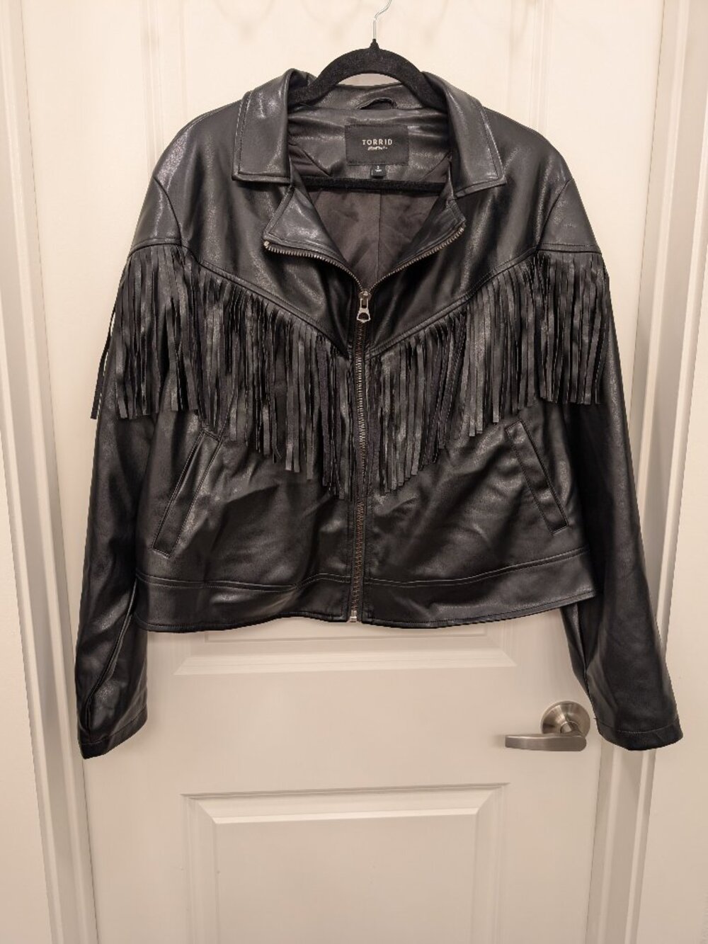 Torrid Womens SZ 2X Black Faux Leather Fringe Moto Jacket Western Biker Zip
